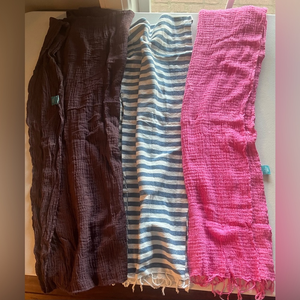 FashionABLE Scarves - plum infinity, blue stripe and pink scarves with fringe